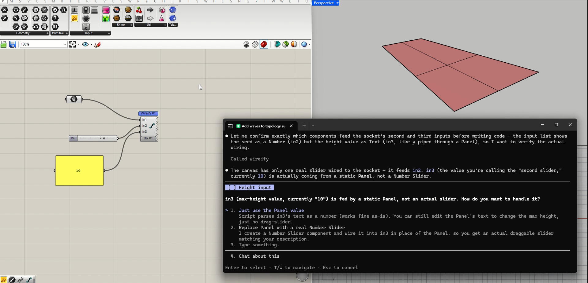 Claude asks how to treat a Panel-fed height input before writing any code