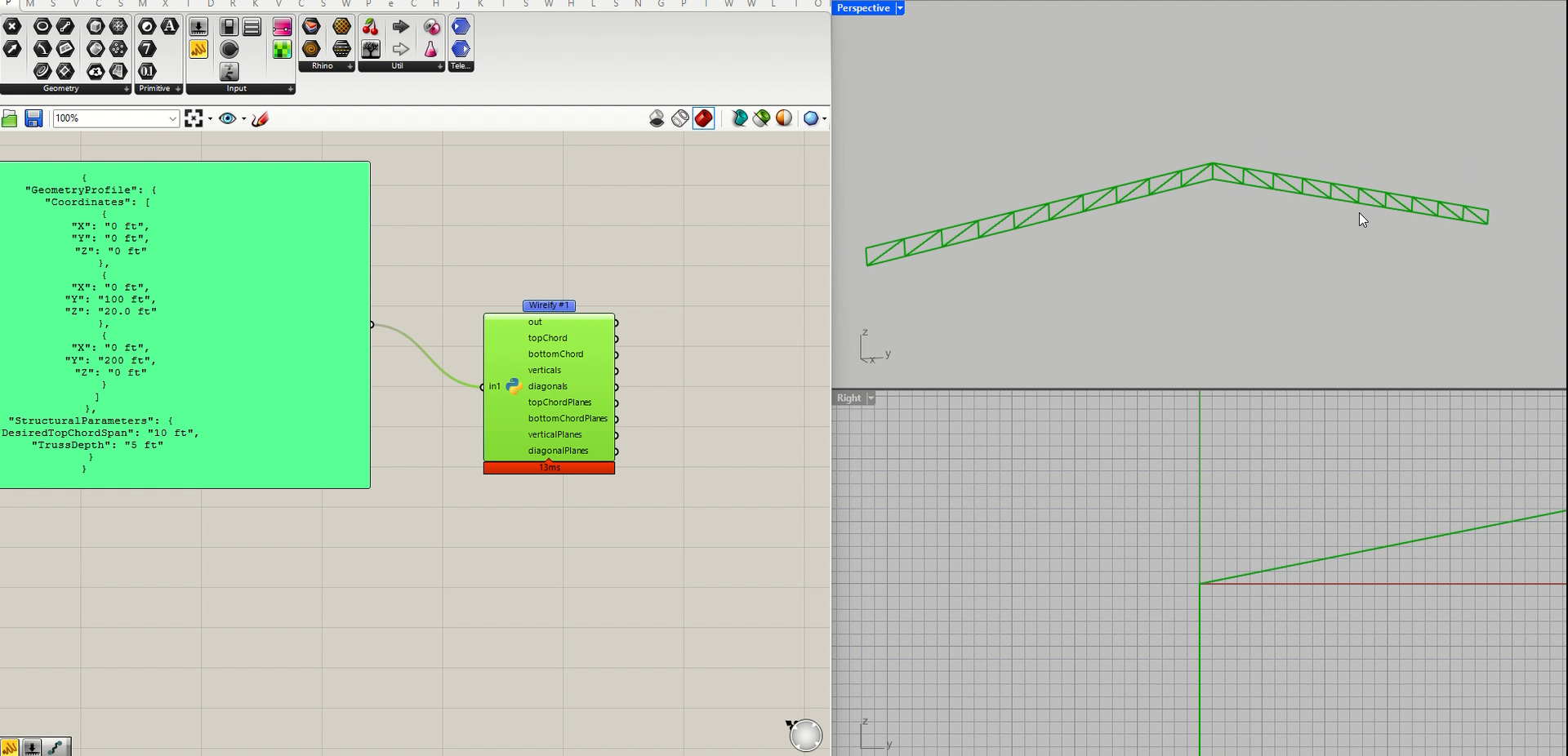 A roof truss generated from a JSON panel through one converted component, with named chord, vertical, and diagonal outputs